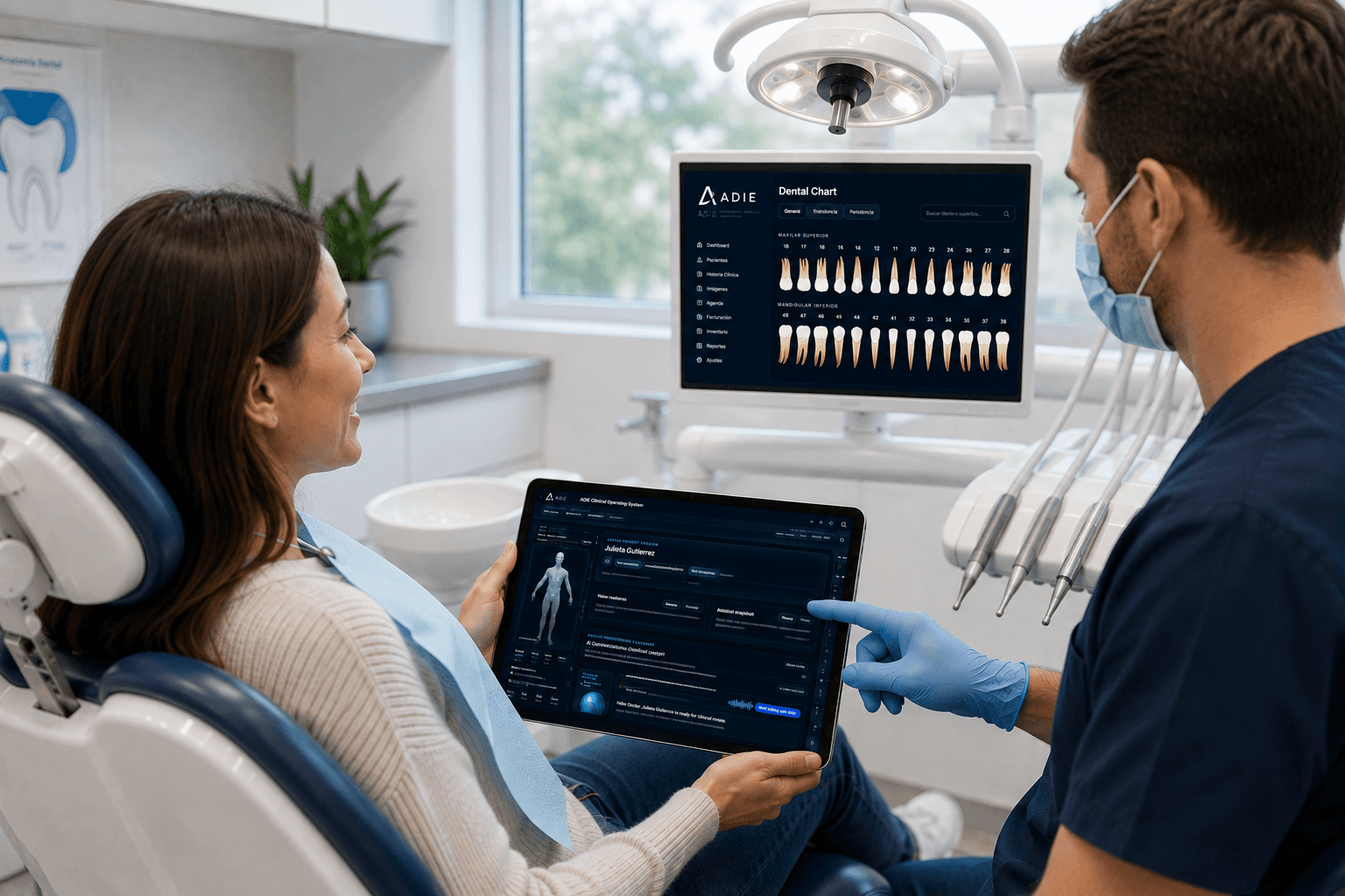 Dentist and patient using ADIE in a modern dental operatory