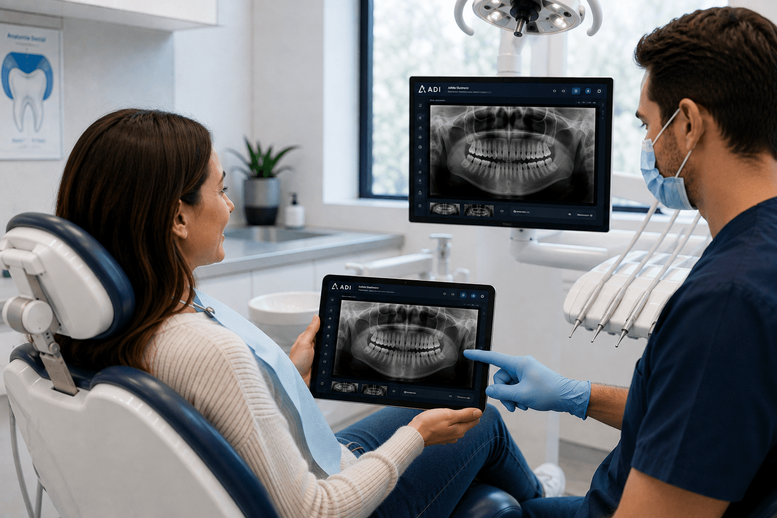 Dentist and patient reviewing panoramic dental imaging with ADIE